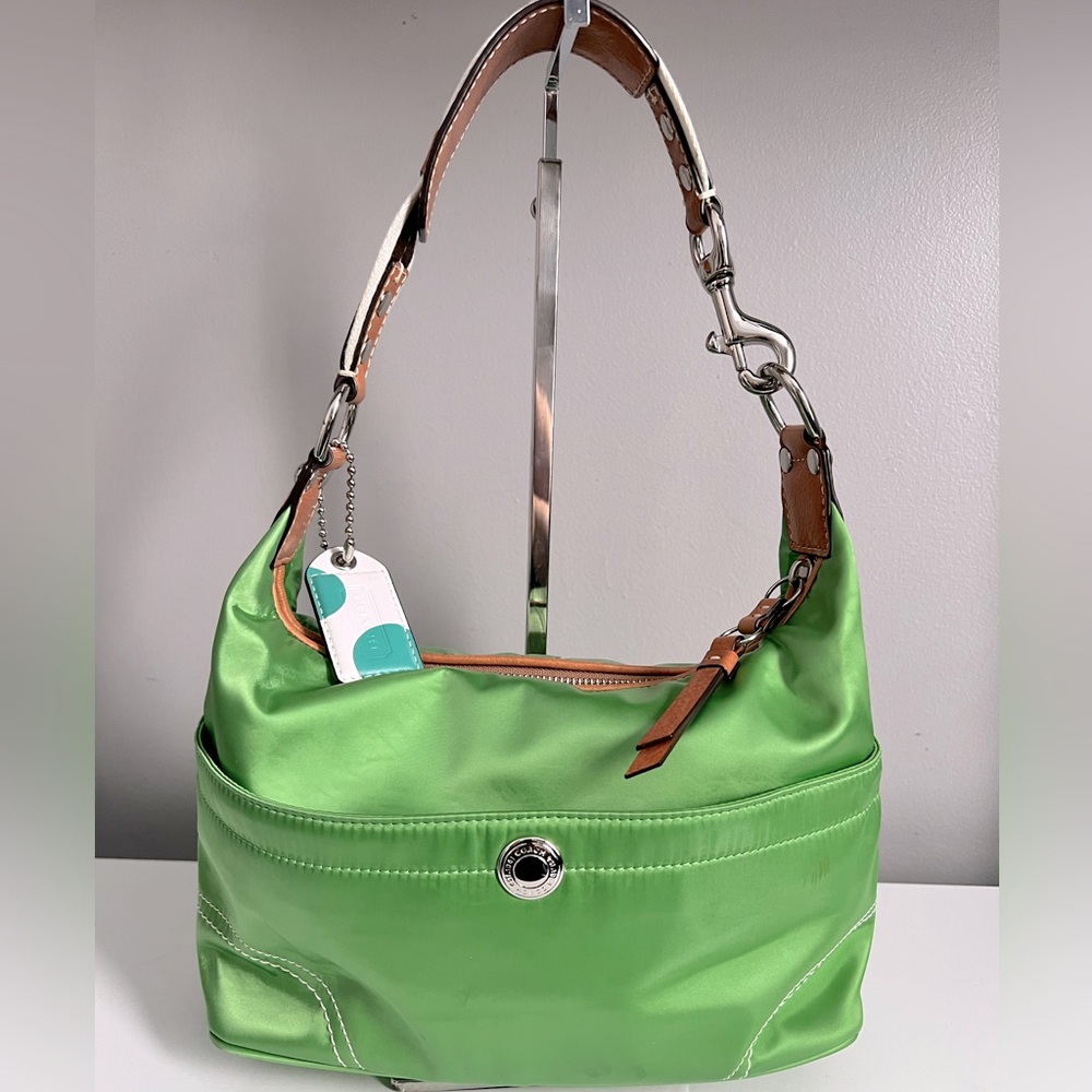 COACH Hamptons Satin Nylon Shoulder Bag Green 11668